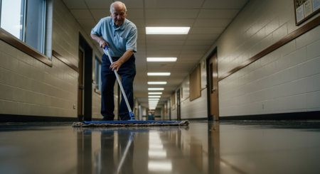 An older caucasian man mopping a long, shiny hallway floor with a blue mop, cleaning service concept.の素材