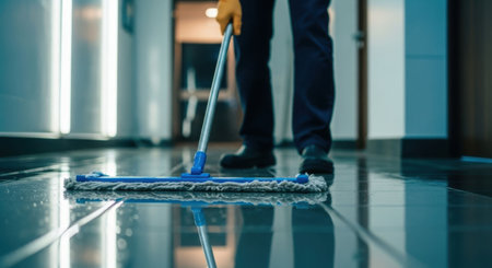 Male cleaner mopping the floor in an office building. Professional cleaning service activity and housekeeping concept.の素材