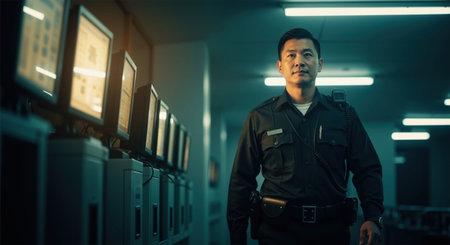 An Asian man security guard patrolling a server room. Data center technician at work. Blue collar job for network safety.の素材