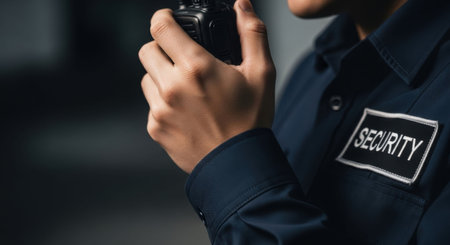 Caucasian man security officer holding walkie-talkie. Guard wearing uniform. Safety patrol and communication. Profession and blue collar work.の素材