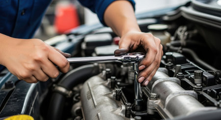 Mechanic man working on car engine, tightening a bolt with a wrench. Automotive service and repair. blue collar workerの素材