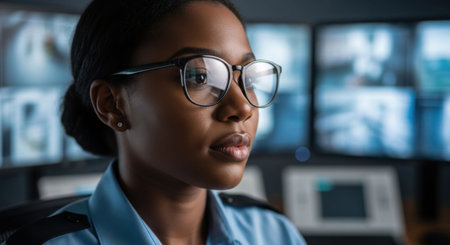 An african american woman wearing glasses and a light blue uniform monitors security cameras for surveillance and safetyの素材