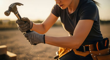Woman worker wearing safety gloves holding a hammer at sunset. Female construction professional on jobsite with dust.の素材