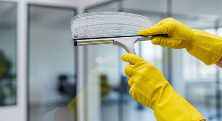 A cleaner woman using a squeegee to wash a glass window for maintenance. Cleaning service. Professional workerの素材