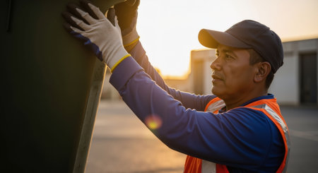 Hispanic man in workwear and gloves lifts a bin. Manual labor, sanitation, and street cleaning concept. Worker at job.の素材