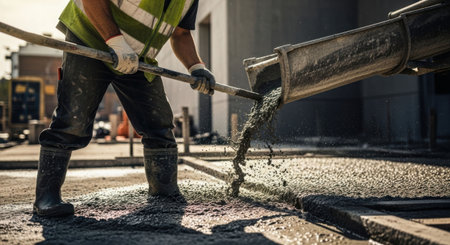 Man worker pouring wet concrete on construction site, a builder working on a building foundation. Manual labor and blue collar job concept.の素材