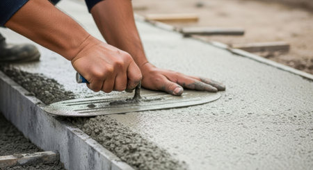 Close up of a man smoothing wet cement with a trowel for constructing a concrete pathway. Construction and manual labor concept.の素材