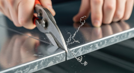 Man cutting metal sheet with tin snips. Close up hand tool for carpentry or construction work. Industry processing.の素材