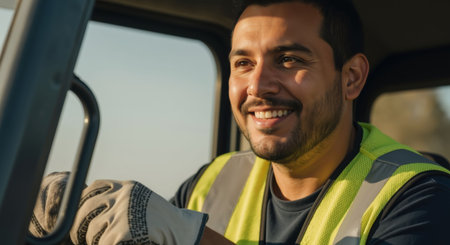 A happy male Caucasian truck driver wearing a safety vest and gloves is smiling while sitting inside a vehicle at work.の素材