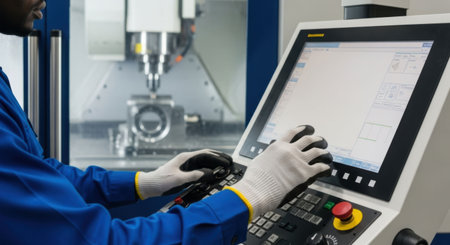African American man, an operator by profession, works on a computer numerical control milling machine in a factory. Precision metal part fabrication.の素材