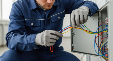 Adult caucasian man electrician at work with electrical wires, blue collar job. Engineer connecting components in distribution board or fuse box.の素材