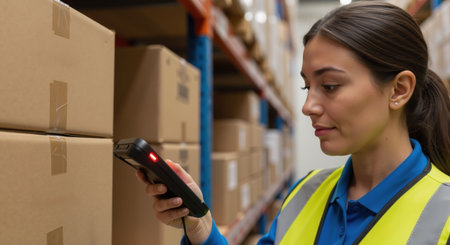Warehouse worker scans barcode on box. Woman wearing reflective vest using scanner for inventory control in storage facility.の素材