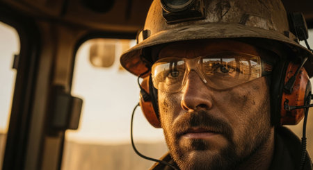 Male mine worker in a hard hat and safety glasses, looking forward with determination in his work vehicle cab.の素材