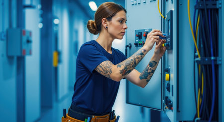 Woman electrician installing electrical equipment. Engineer working on control panel for industrial automation system.の素材