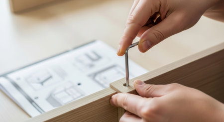 Woman assembling furniture with an Allen wrench. Do it yourself, blue collar worker and furniture building concept. Home improvement.の素材