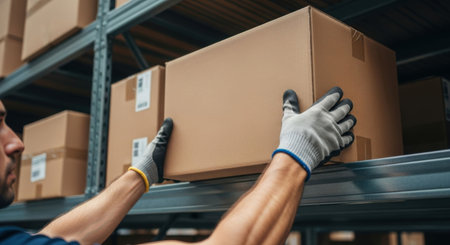 Man storing cardboard box on shelf. Warehouse worker organizing inventory for logistics and shipping delivery.の素材