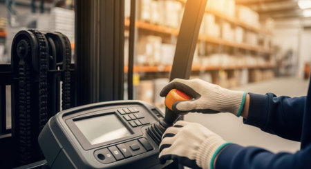 Warehouse worker operating a forklift. Logistics and distribution industry concept. Hands in protective gloves on controls.の素材