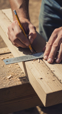 Male carpenter hands hold a pencil and ruler to mark a wooden beam. Woodworking and construction work concept for home improvement.の素材