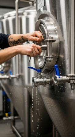 Caucasian brewer operating stainless steel fermentation tank faucet, draining liquid. Brewing beer in brewery. Industrial manufacturing and production concept.の素材