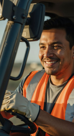 Happy latin man driver in safety vest driving heavy equipment. Smiling worker on construction site. Blue collar job for work safety concept.の素材