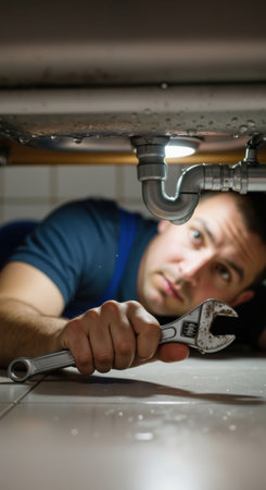 Caucasian male plumber lying on floor fixing leaky sink pipe. Man repairman with wrench working under kitchen basin. Handyman providing home maintenance service.の素材