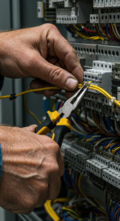 Man electrician working on electrical panel with pliers. Repairing industrial power box. Electricity and maintenance concept.の素材