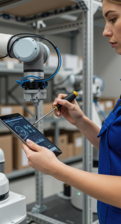 Woman engineer programming robot arm with tablet. Modern automation and industrial future. Blue collar worker at factory.の素材