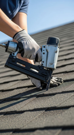 Roofer working on house roof. Construction worker using pneumatic nail stapler gun on shingle rooftop for repair, renovation, or building concept.の素材