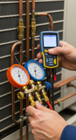 Man, an HVAC technician, working on an air conditioner unit. Repair and maintenance service. Handyman concept.の素材