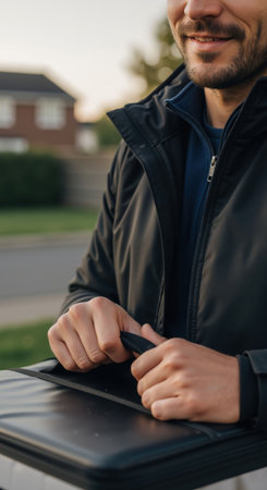 Male courier closing a black delivery bag. Food delivery service concept for modern lifestyle and professional service.の素材
