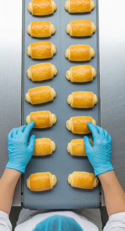 Baker woman puts a warm croissant on the conveyor belt. Sweet pastry production process from top view conceptの素材