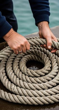 Man's hands working on a boat, coiling a thick rope into a spiral for secure storage. Nautical concept and manual labor.の素材
