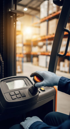 A worker operates a forklift inside a warehouse facility, ready for shipping or receiving goods. Logistics management.の素材