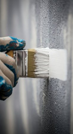 Man hand in work glove painting wall with white brush stroke. Home renovation, construction, repair and improvement concept.の素材