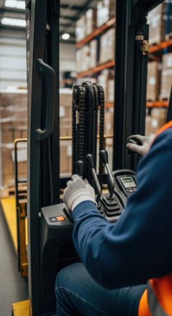Close up of a man operating the controls of a forklift in a warehouse. Warehouse worker driving a reach truck for logistics and delivery.の素材