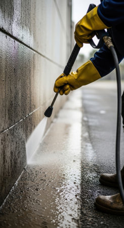 Man wearing yellow gloves pressure washes dirty wall. Cleaning service concept for commercial and residential properties.の素材