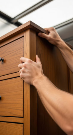 Caucasian man hands assembling wooden furniture. Carpenter working on cabinet installation. Manual labor, craftsmanship.の素材