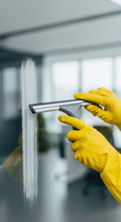 Woman in yellow gloves cleaning glass with a squeegee. Professional cleaner working on a window. Housekeeping service concept for home.の素材