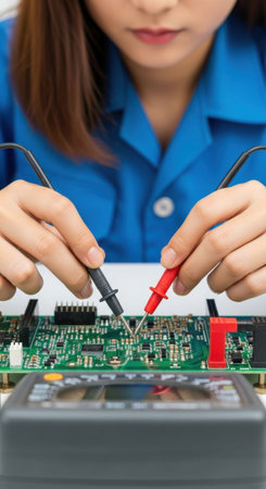 Woman engineer checking motherboard with multimeter. Electronic fixing technician computer circuit board and microchip.の素材