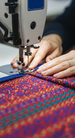 Woman hands sewing colorful fabric on industrial sewing machine. Precision textile handcraft. Garment manufacturing production process.の素材