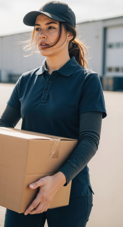 Young woman delivery driver carrying a cardboard box. Professional courier delivering parcel for shipping and logistics concept.の素材