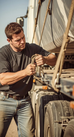 Caucasian man working on truck. Trucker or hauler preparing cargo. Transportation and logistics industry. Blue collar worker.の素材