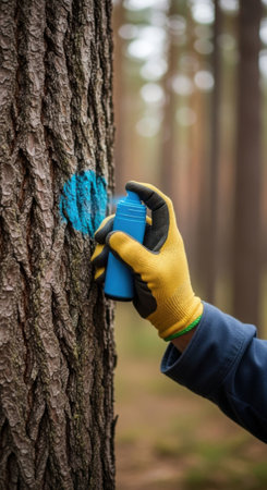 Man at work glove spraying blue paint on tree trunk. Forestry worker marking wood for logging. Manual labor and forest management concept.の素材