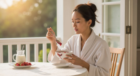 Woman enjoying a healthy and fresh dessert with fruit for breakfast on a sunny morning. Sweet bowl with strawberries.の素材