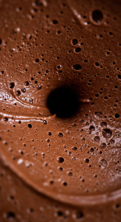 Swirling chocolate mousse texture with air bubbles. Close up view of tasty brown dessert. Sweet foamy background or culinary ingredient concept.の素材