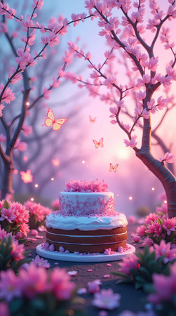 Pink blossom trees and butterflies around a layered cake with spring flowers. Celebration dessert for birthday and special event.の素材