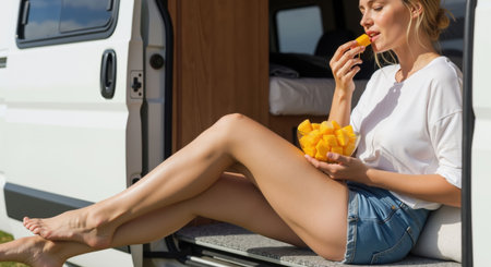 Woman eating tropical mango from bowl while relaxing outside camper van. Summer travel and healthy snack concept.の素材