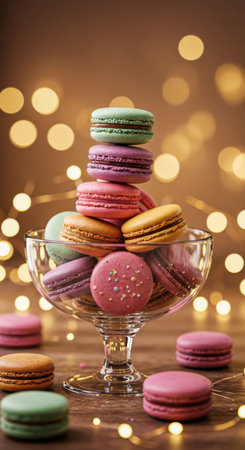 Many colorful sweet macarons in a glass bowl on a wooden table with sparkling bokeh lights. Dessert delicious cookie with filling.の素材
