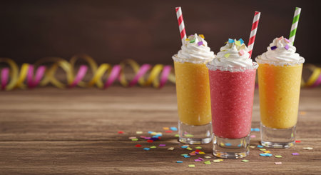 Three glasses of colorful frozen drinks with whipped cream and paper confetti on a wooden table. Festive dessert or cocktail for celebration.の素材