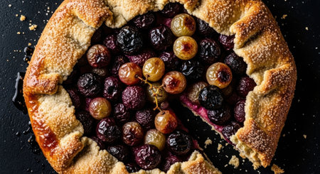 Delicious fresh homemade grape galette with crispy sugary crust. Rustic fruit pie texture, dessert concept for food blog.の素材